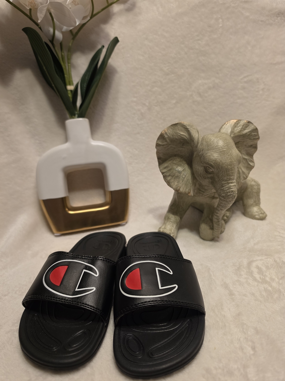 Champion Kids' Black Slide Sandals with Red Logo